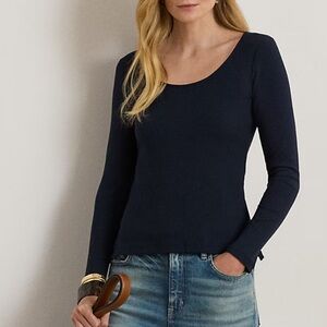 NWOT Lauren Ralph Lauren Rib-Knit Long-Sleeve Scoopneck Tee, Lauren Navy